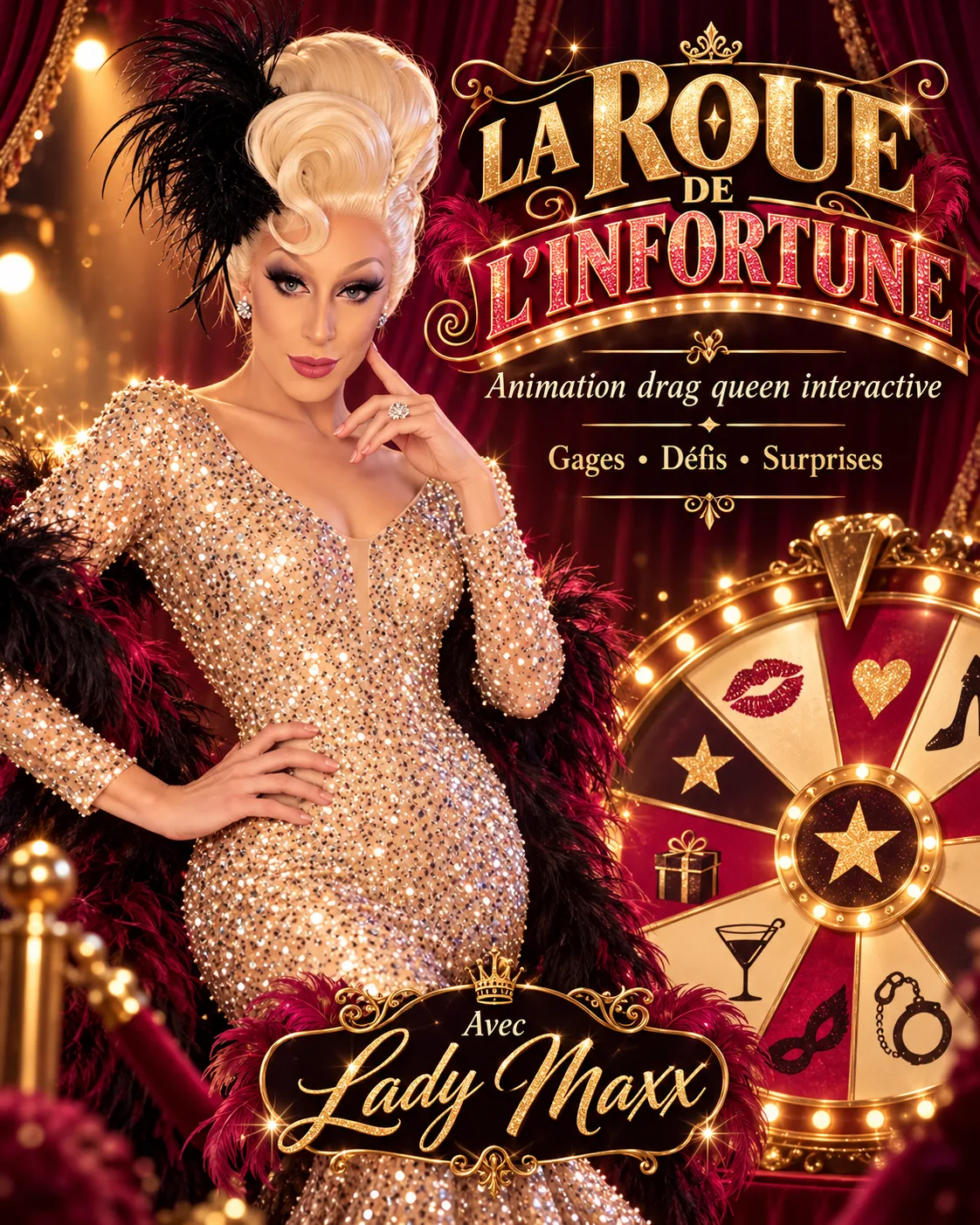 La Roue de l'Infortune, animation drag queen interactive avec Lady Maxx à Paris : gages, défis et surprises