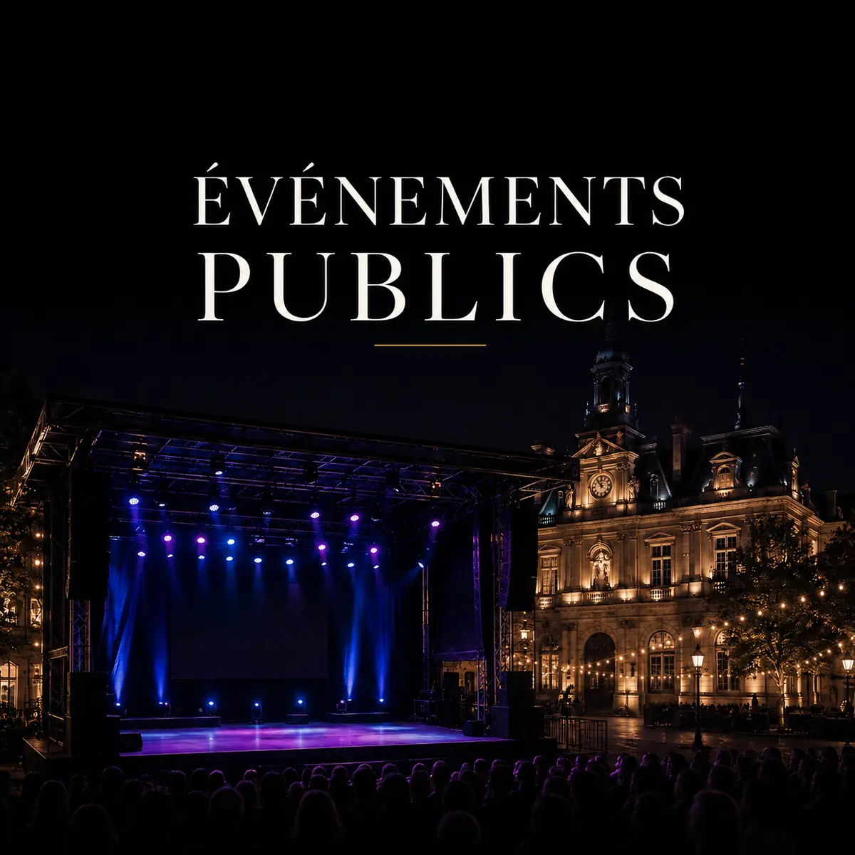 Scène éclairée devant une mairie pour un spectacle drag queen en événement public