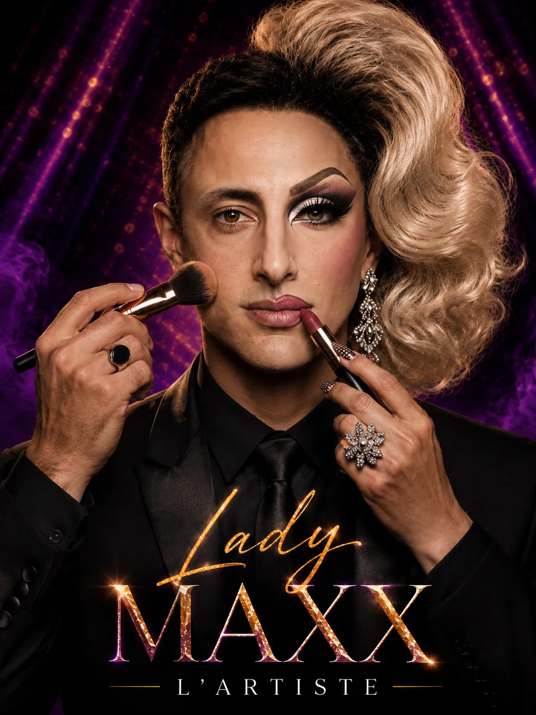 Transformation maquillage : moitié Max, moitié Lady Maxx, artiste drag queen Paris