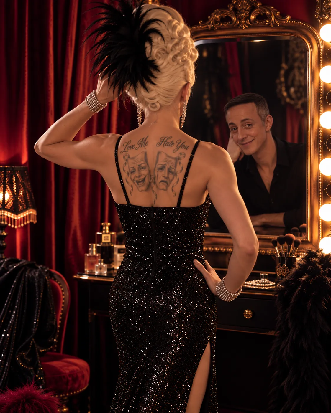 Lady Maxx en robe à sequins dans sa loge, Max dans le miroir – artiste transformiste Paris